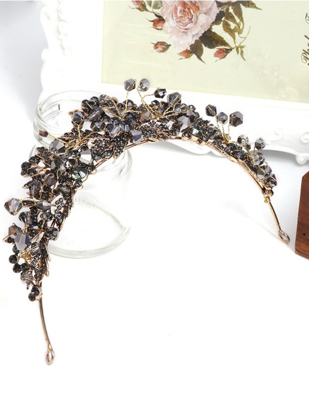 Gold Wire Headband with Smoky Gray Crystal Accents